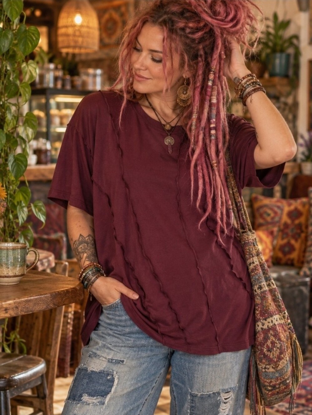 4/$15 Fashion Nova Burgundy Deconstructed Tee M Oversized Boho Grunge Streetwear